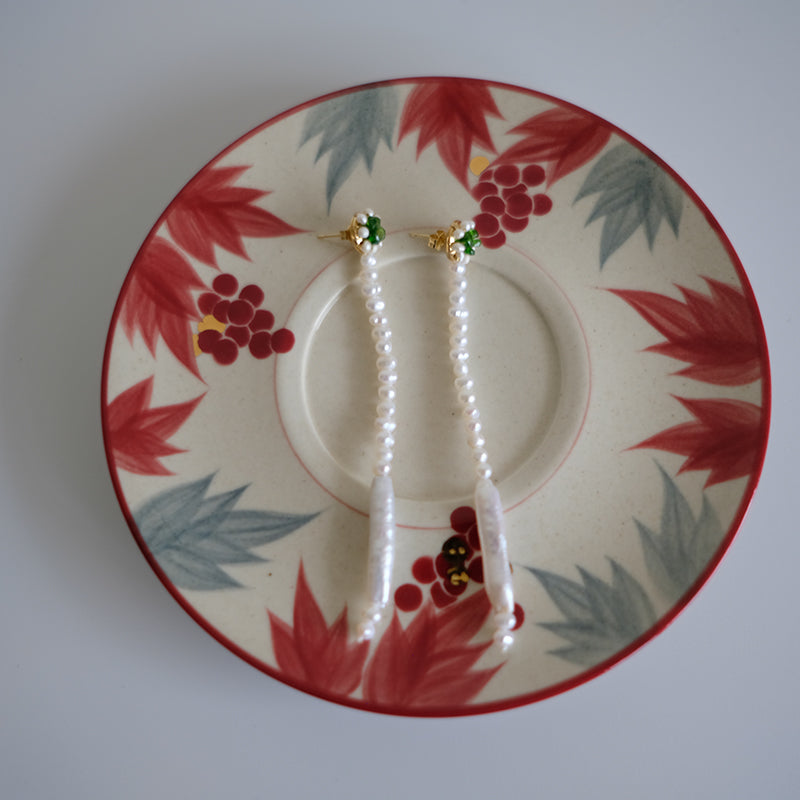 Long Chinese-Style Earrings, Pearl and Apatite Clips