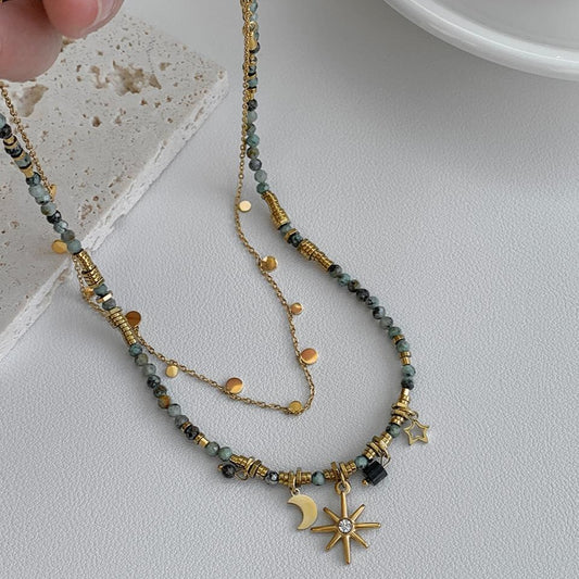 Vintage Colorful Natural Stone Necklace, Sunflower Bead, Copper Gold-Plated, Adjustable Length