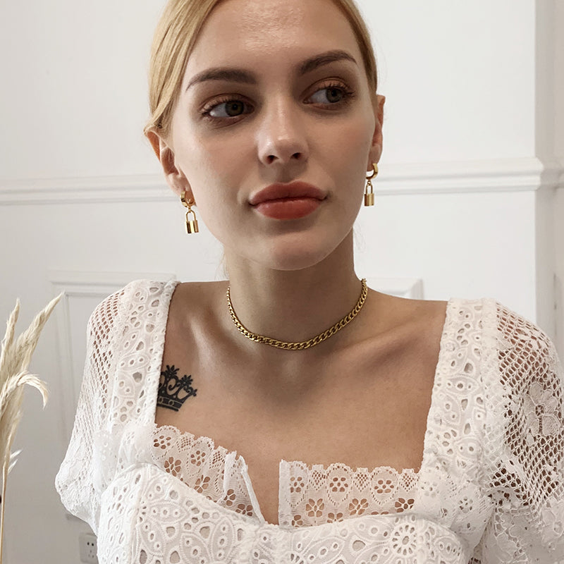 Fashionable Lock Metal Earrings, Eco-Friendly Brass with Genuine Gold Plating, Minimalist Style