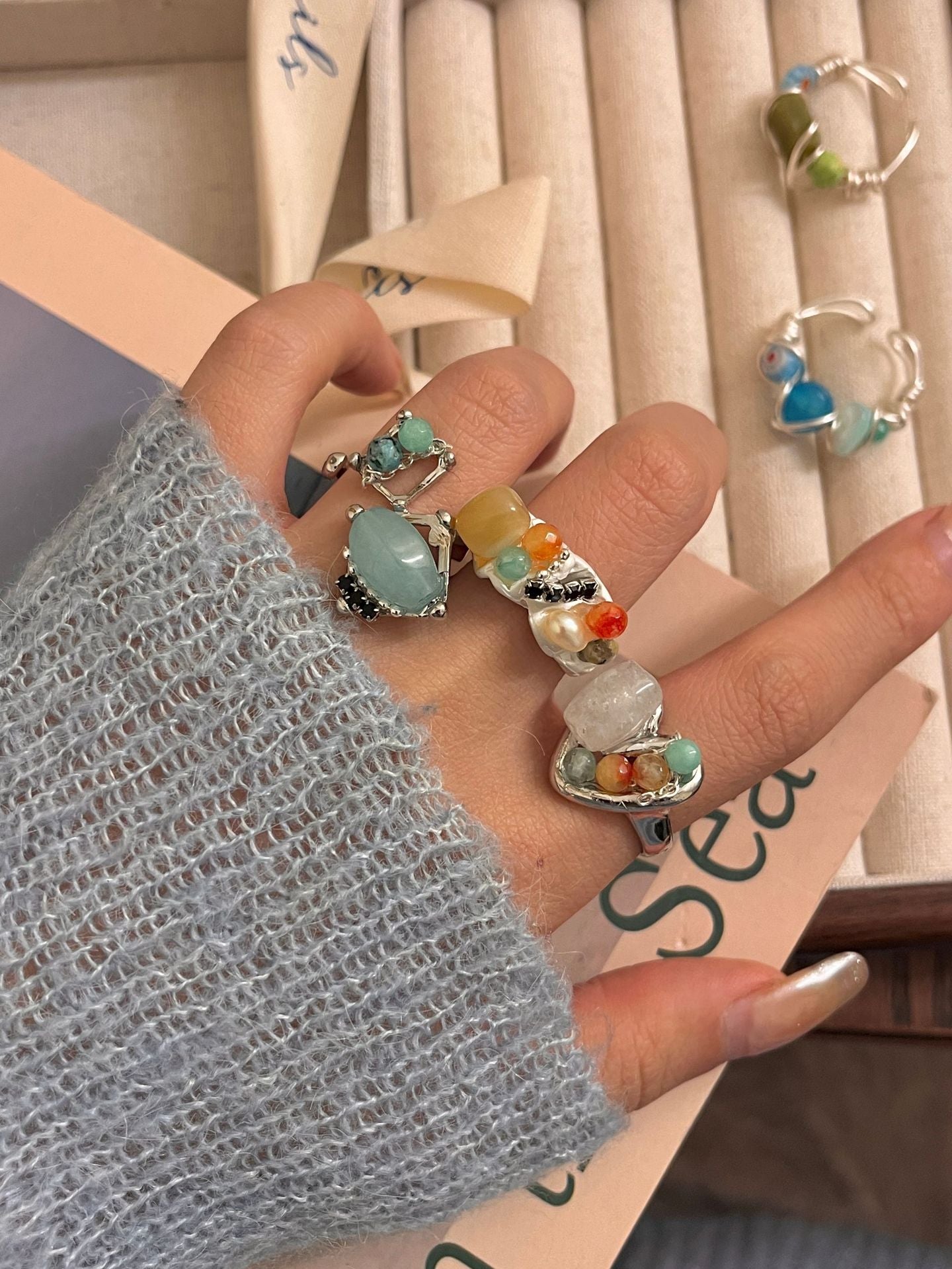 Handcrafted Beaded Natural Stone Open Stackable Rings, Women's Layered Boho Style
