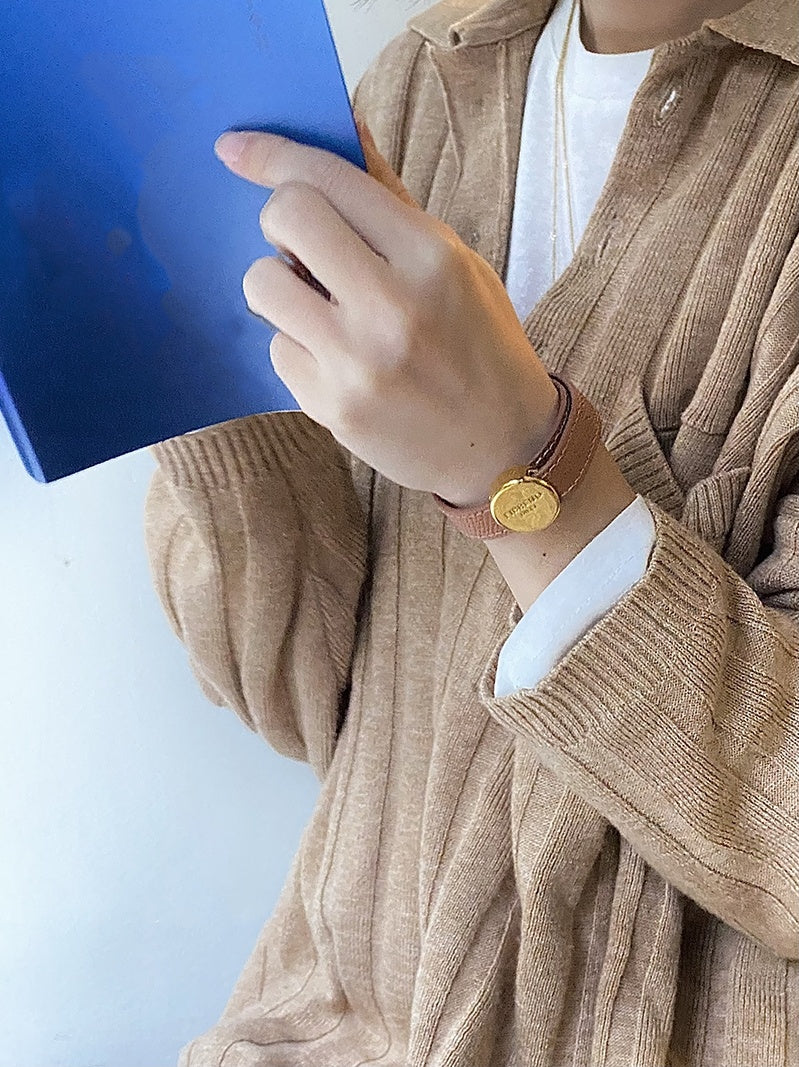 Genuine Leather Brass Cuff, Gold Coin Bracelet, Adjustable Size