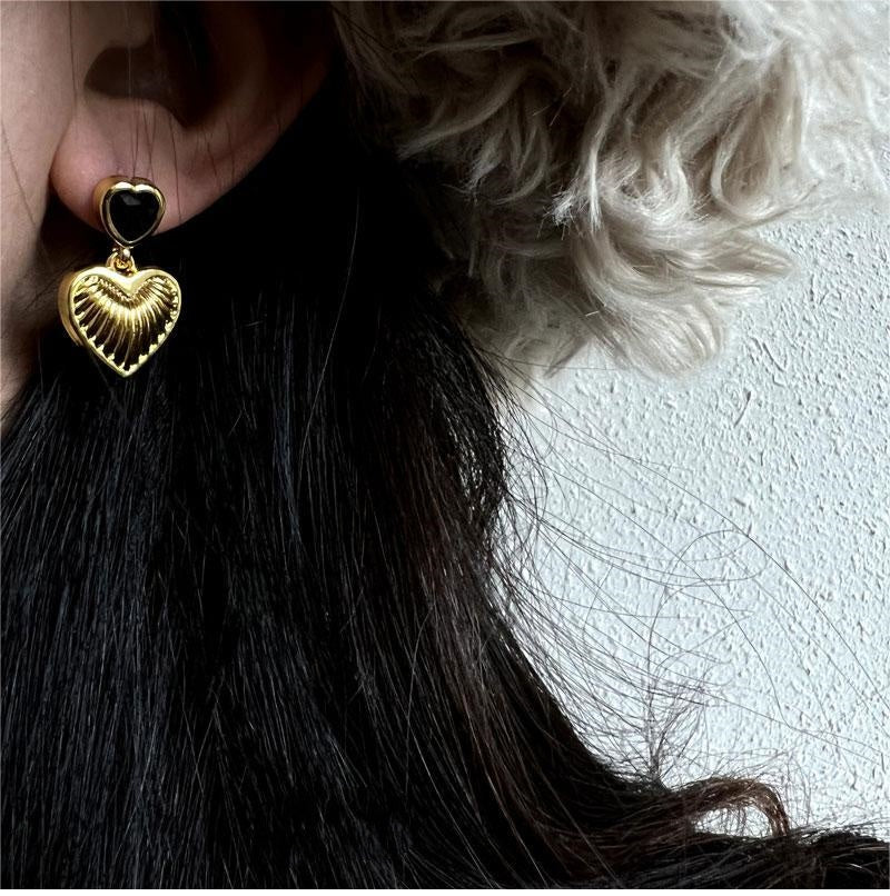 French Vintage Metal Love Earrings, Minimalist Design, Green & Black Options