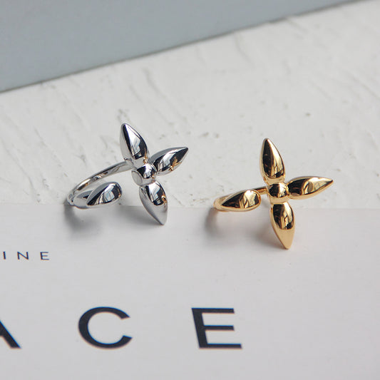 Vintage Patchwork Clover Ring, Women's Four-Leaf Flower Open Ring, Adjustable Size