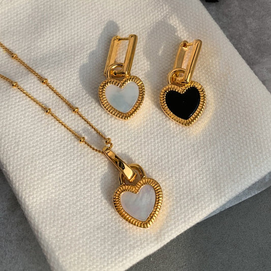 Black & White Mother-of-Pearl Heart Earrings, Luxury Minimalist Design, 24K Gold-Plated Brass