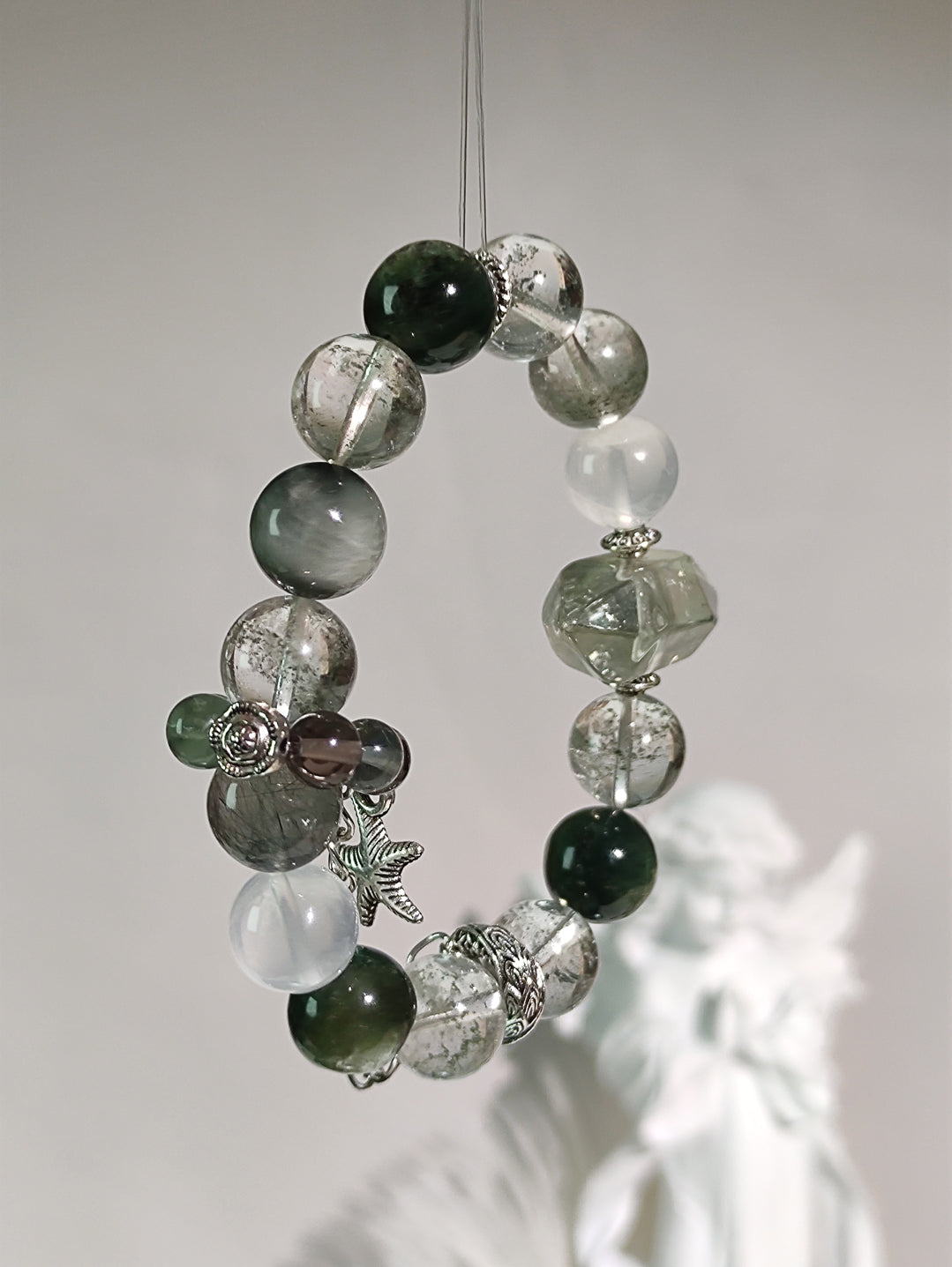 Natural Green Phantom Crystal Bracelet, Green Lithium Muscovite, Hawk's Eye Stone, Main Beads 12mm+, Default 16cm Wrist Size