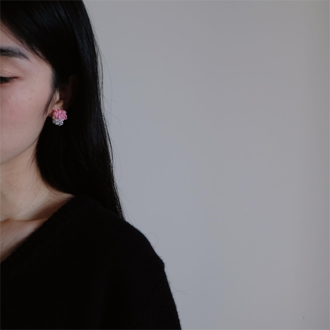 Pink and Silver Two-Tone Earrings, Beaded Crochet Studs and Clips