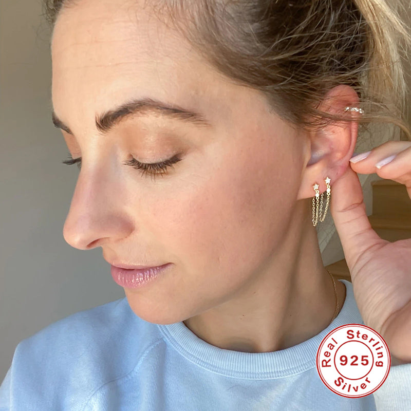 925 Sterling Silver Tassel Stud Earrings, Women's Rear Wearing, Platinum18k Gold Plated