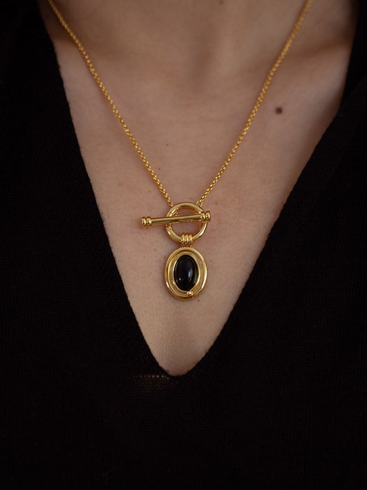 Natural Black Agate Collar Necklace, Classic Choker with Toggle Clasp