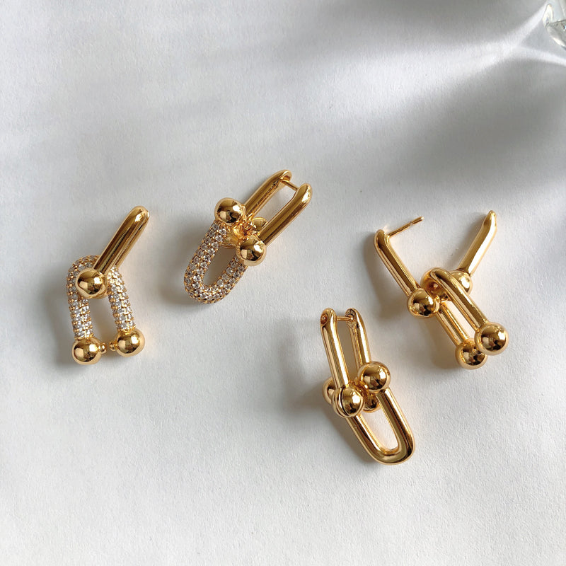 18K Gold-Plated Brass Earrings, Sparkling U-Shape Bamboo Chain, Clip-on Hoop