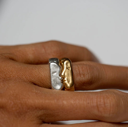 Gold-Plated Sterling Silver "KISS" Couple Rings, Romantic Matching Band Set for Lovers