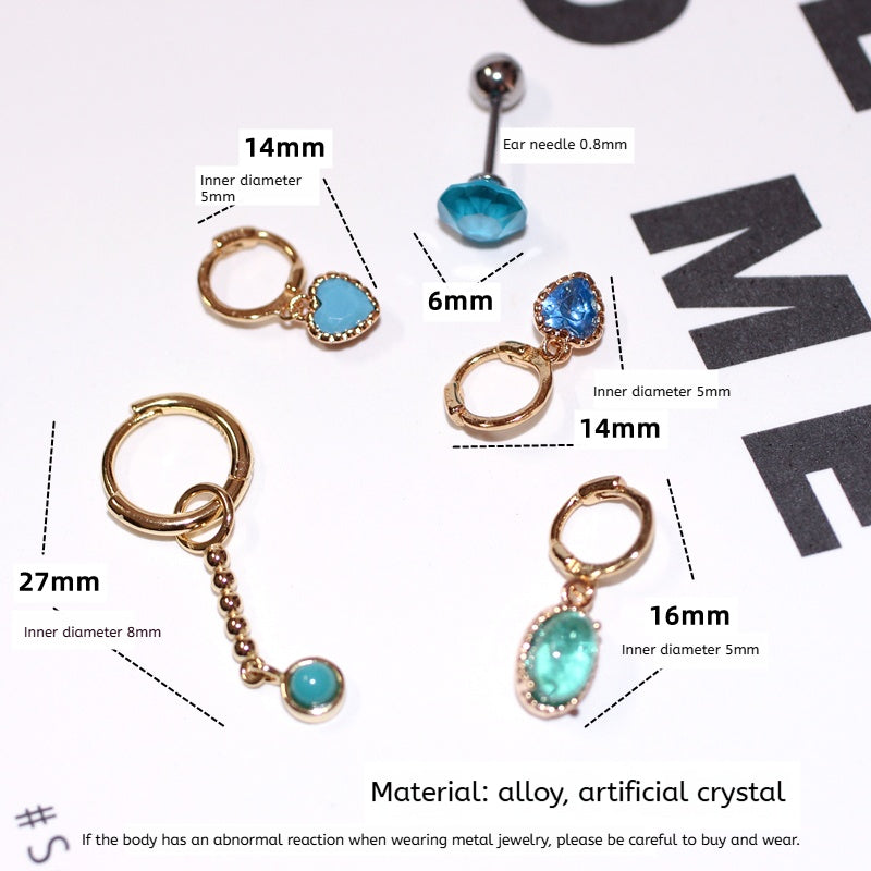Sparkling Blue Ocean Earrings, Mini Heart Studs, Fashionable Glass Ear Cuff for Women