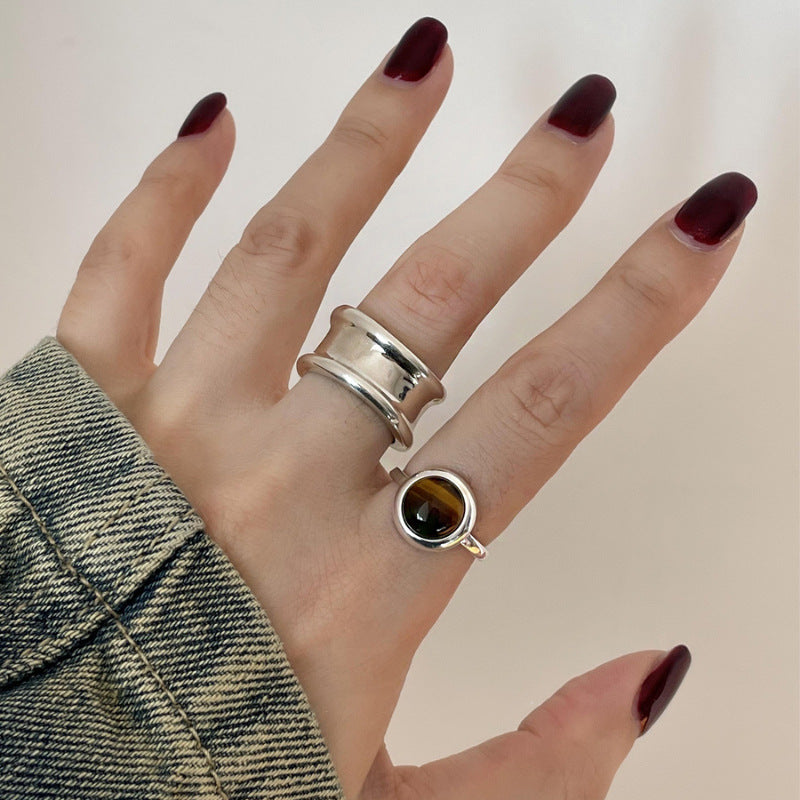 Exclusive Tiger's Eye Cat's Eye Ring, Women's Stylish & Retro Wide Band, Adjustable Cool Open Finger Ring