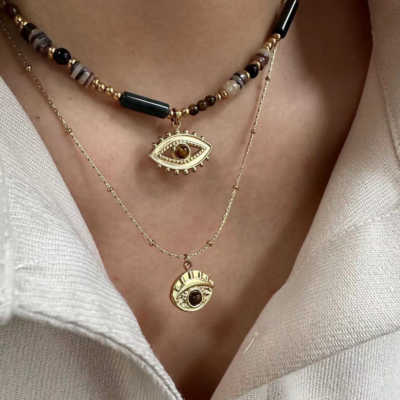 Tiger's Eye Pendant Stainless Steel Necklace, Vacuum Plated 14K Gold, Adjustable 16-19.7 Inch Length