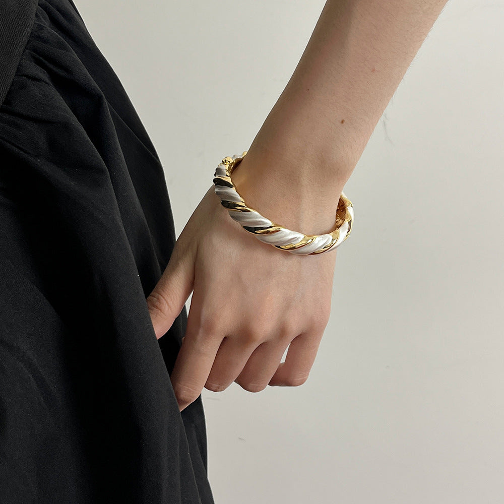 Gold and White Enamel Floral Open Bangle Bracelet