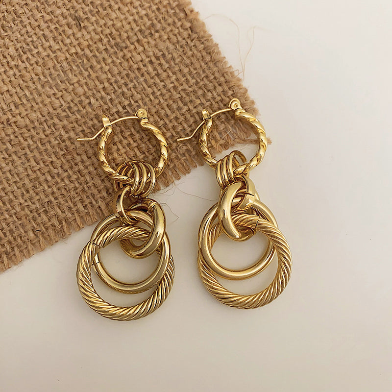 French Style Metal Thread Earrings, Minimalist Circle Pendant, Hypoallergenic Gold-Plated