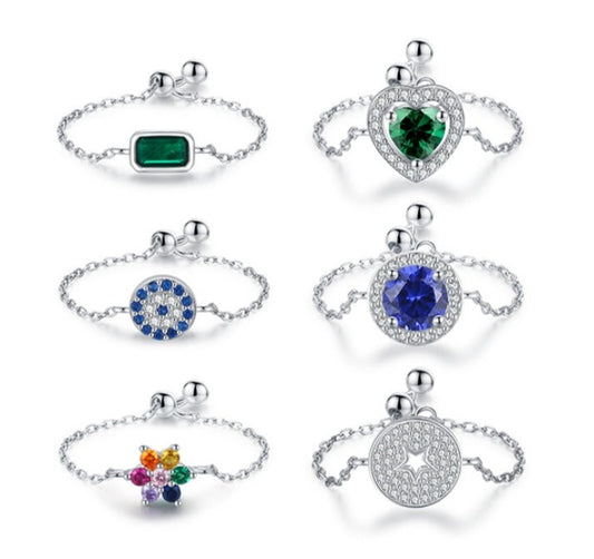 Sterling Silver Ring with Chain Design, Zirconia Inlay, Adjustable Size, Different Choice with Crystals for Women and Girls