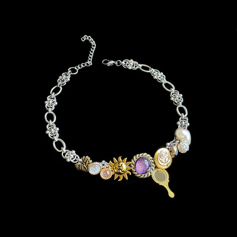 Punk Choker Heavy Industry Titanium Steel Necklace Gorgeous Purple Crystal Pendant for Women