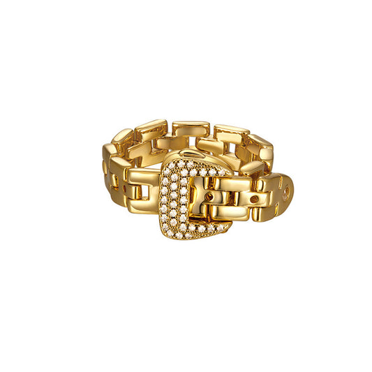 18K Gold-Plated Zircon Ring, Exquisite Embedded Zircon, Adjustable Chain Band Ring
