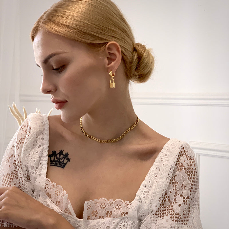 Fashionable Lock Metal Earrings, Eco-Friendly Brass with Genuine Gold Plating, Minimalist Style