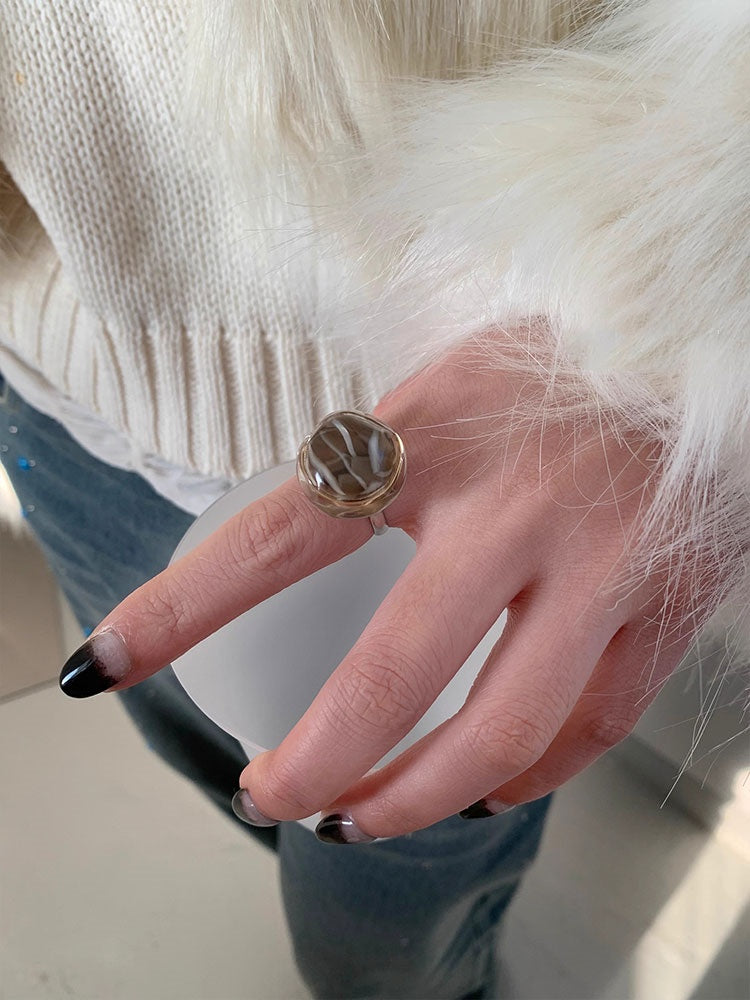 Leopard Print Shell Resin Ring, Adjustable Titanium Steel Ring, Trendy & Versatile Accessory