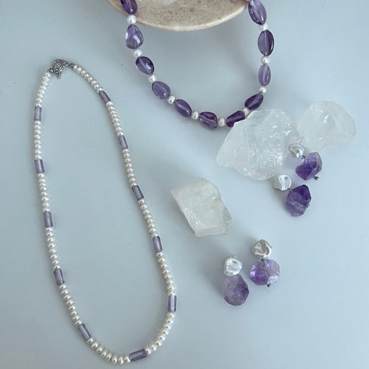 Fresh Aesthetic Purple Crystal & Freshwater Baroque Pearl Earrings & Pendant Necklace, Original Design