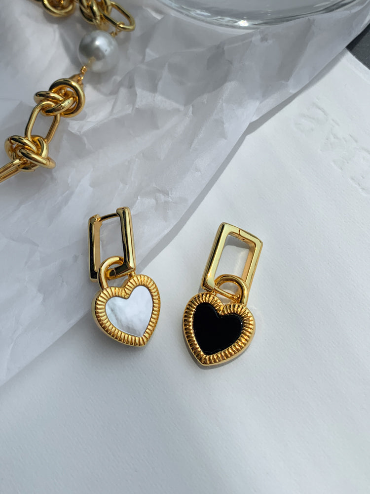 Black & White Mother-of-Pearl Heart Earrings, Luxury Minimalist Design, 24K Gold-Plated Brass