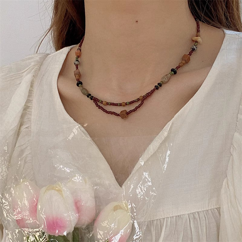 Bohemian Gold-Plated Green Heart Necklace, Shell and Wood Beads, Natural Stone Collar