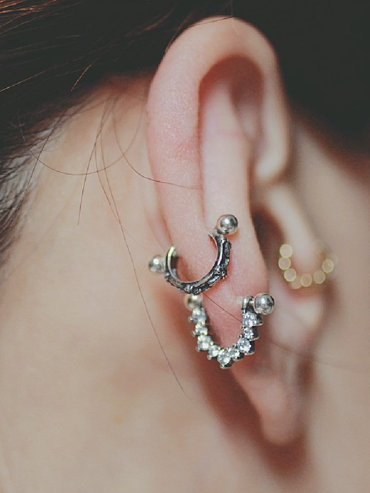 Dark Gothic Ear Cuff, Gold-Plated Silver, Crystal-Studded 925 Silver U-Shape Punk Earrings