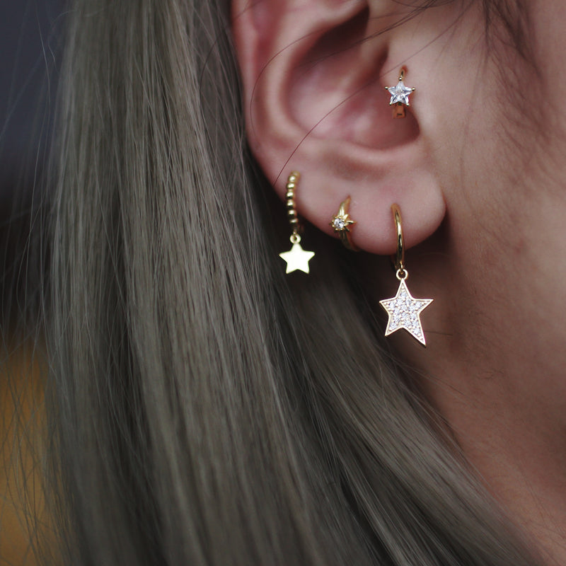 Luxurious Star Stud Earrings, Full Diamond Paved, Ear Cuff, 925 Sterling Silver, Single Piece