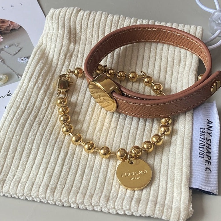 Genuine Leather Brass Cuff, Gold Coin Bracelet, Adjustable Size