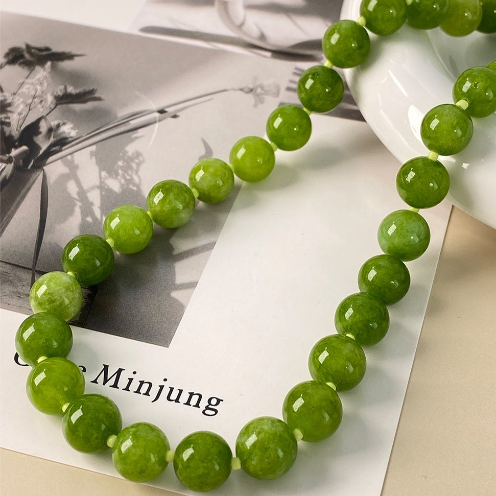 Natural Green Agate Bead Necklace, 18K Gold-Plated Copper, Adjustable 43+8cm Length