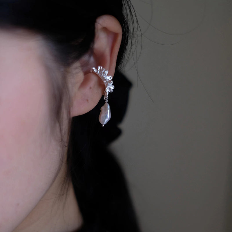 Osmanthus Series Natural Pearl Ear Clips, 990 Silver, Unique Pearl Accents