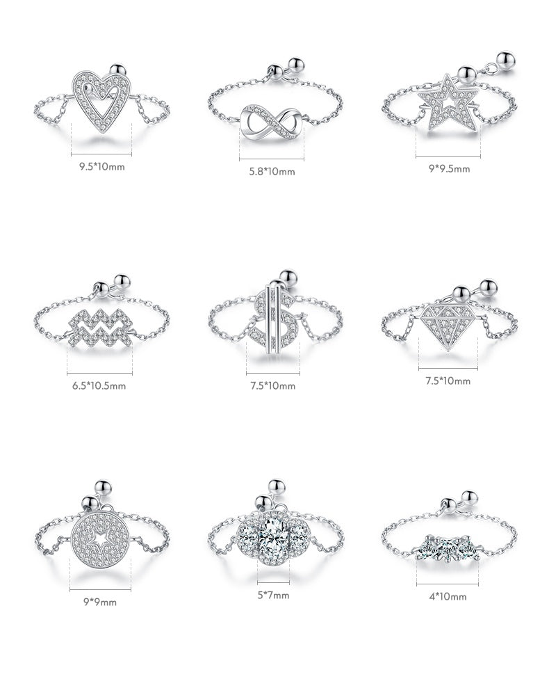 Sterling Silver Ring with Chain Design, Zirconia Inlay, Adjustable Size, Different Choice with Crystals for Women and Girls