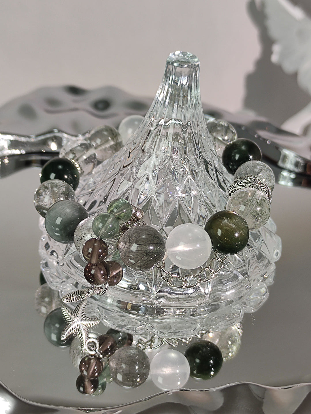 Natural Green Phantom Crystal Bracelet, Green Lithium Muscovite, Hawk's Eye Stone, Main Beads 12mm+, Default 16cm Wrist Size