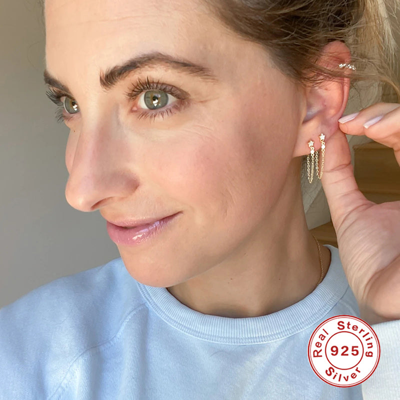 925 Sterling Silver Tassel Stud Earrings, Women's Rear Wearing, Platinum18k Gold Plated