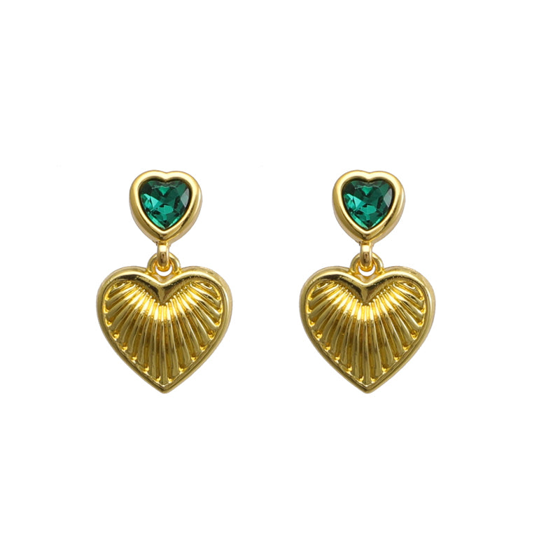 French Vintage Metal Love Earrings, Minimalist Design, Green & Black Options