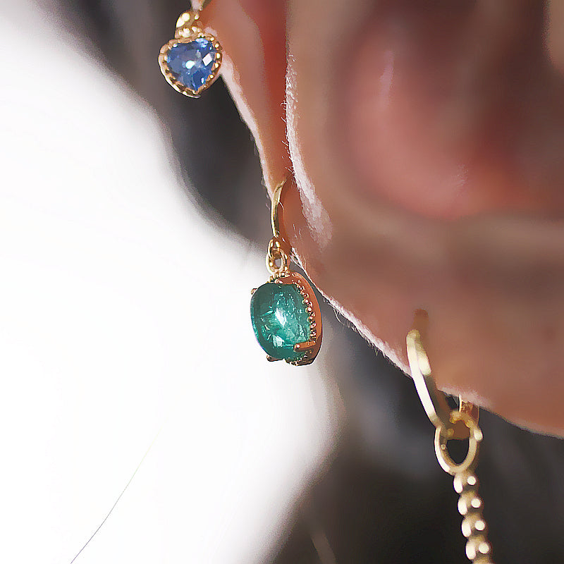 Sparkling Blue Ocean Earrings, Mini Heart Studs, Fashionable Glass Ear Cuff for Women
