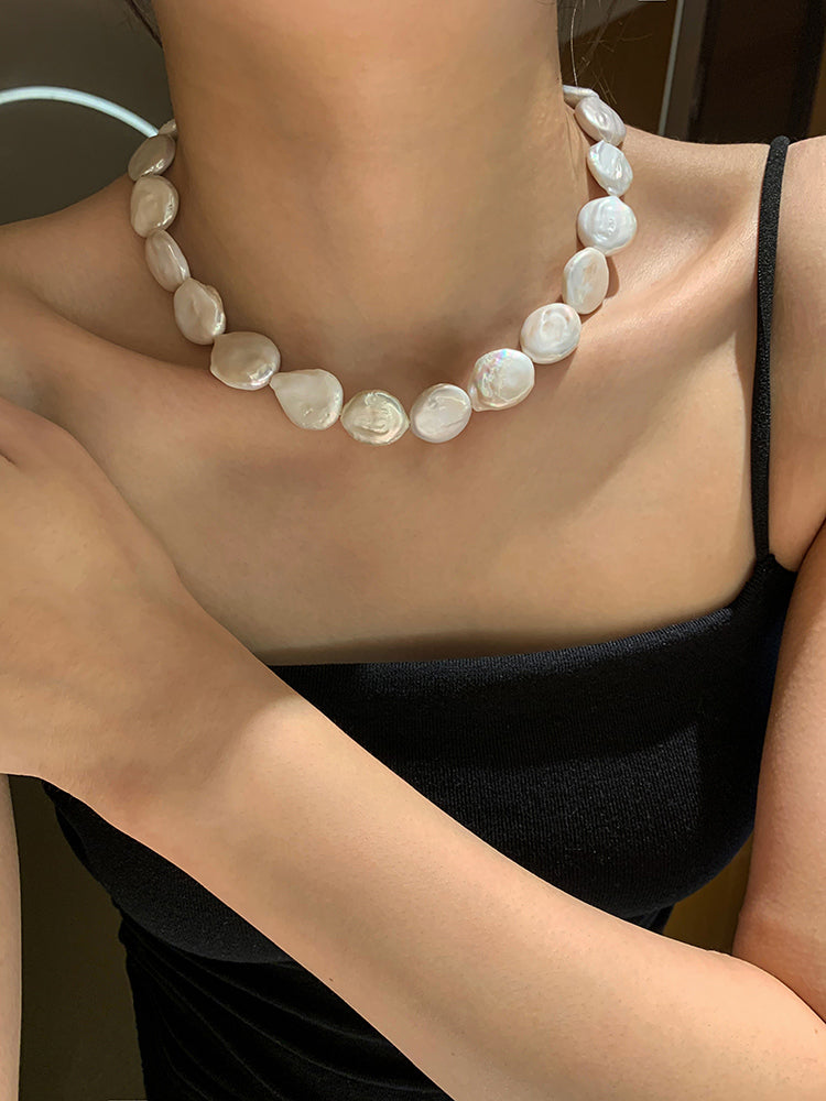 Convertible Pendant Necklace, 24K Gold-Plated Brass, Natural Baroque Button Pearl, Adjustable Length