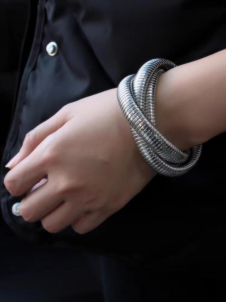 Triple Loop Elastic Bracelet, Vintage Style, Exaggerated Textured Cuff, Titanium Steel Stackable Bangle