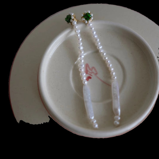 Long Chinese-Style Earrings, Pearl and Apatite Clips