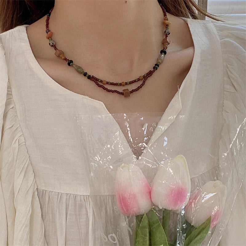 Bohemian Gold-Plated Green Heart Necklace, Shell and Wood Beads, Natural Stone Collar