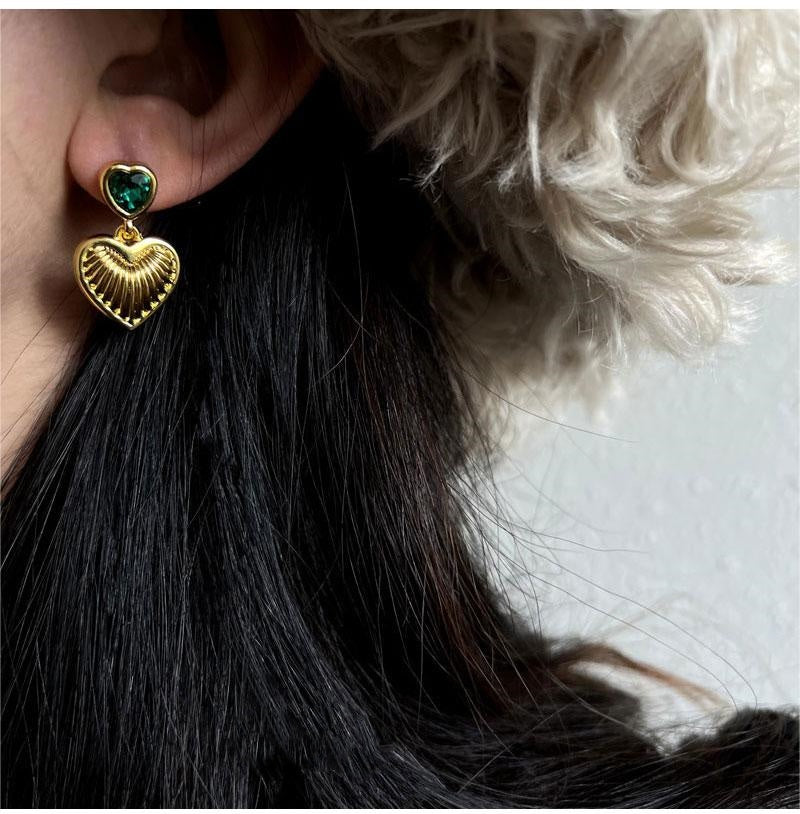 French Vintage Metal Love Earrings, Minimalist Design, Green & Black Options