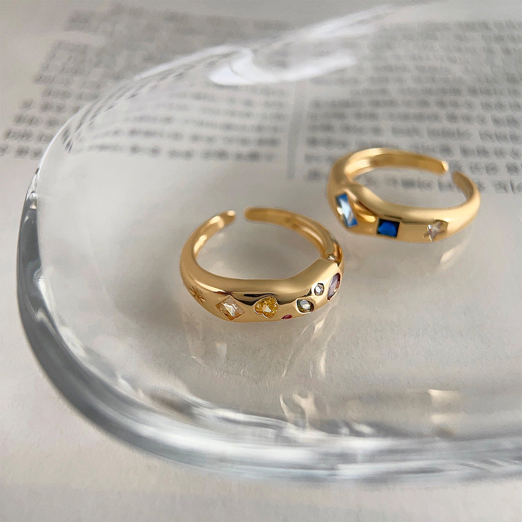 Pave Zircon Ring in 18K Gold Plating, Colorful Edition, Adjustable Open Design