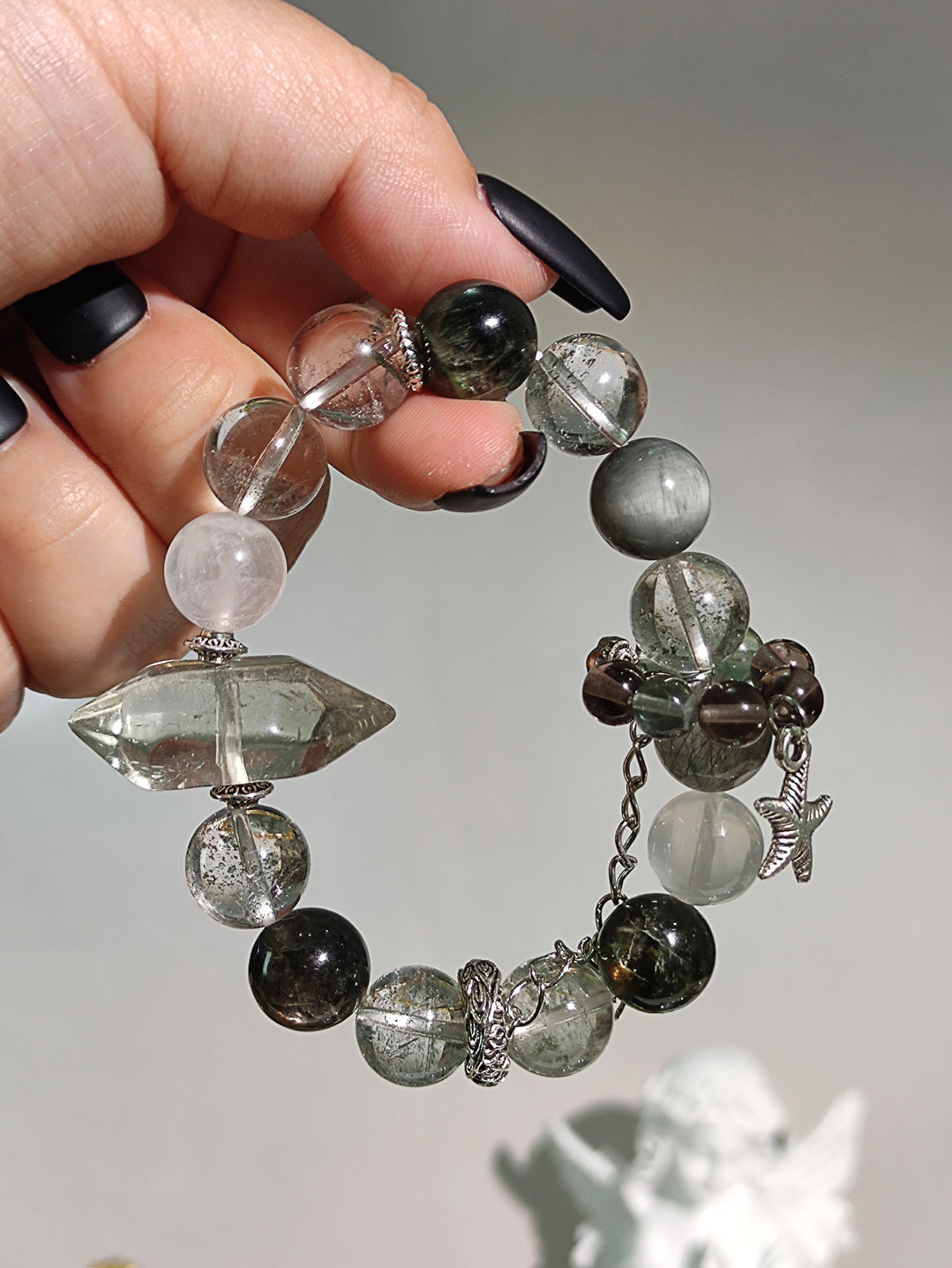 Natural Green Phantom Crystal Bracelet, Green Lithium Muscovite, Hawk's Eye Stone, Main Beads 12mm+, Default 16cm Wrist Size