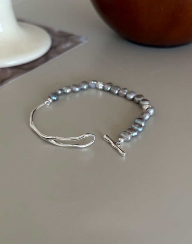 925 Sterling Silver Baroque Freshwater Grey Pearl Bangle, Women's Exquisite Wrist Adornment, 6cm Diameter