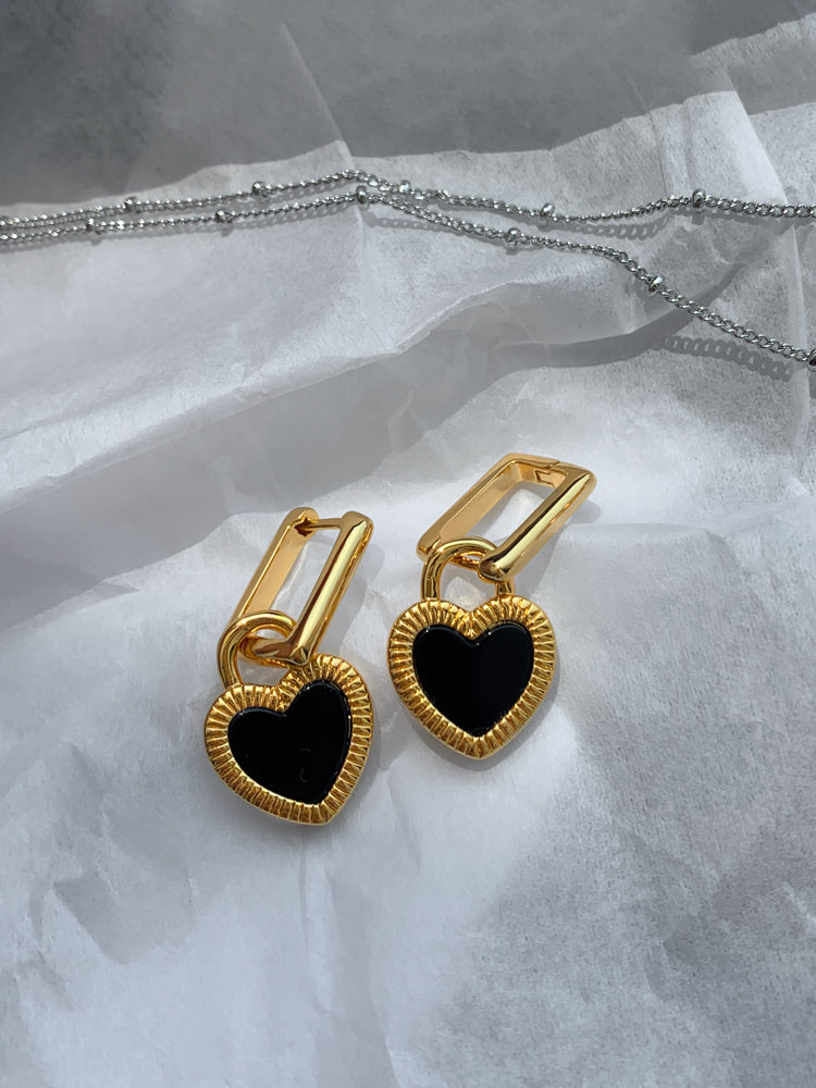 Black & White Mother-of-Pearl Heart Earrings, Luxury Minimalist Design, 24K Gold-Plated Brass