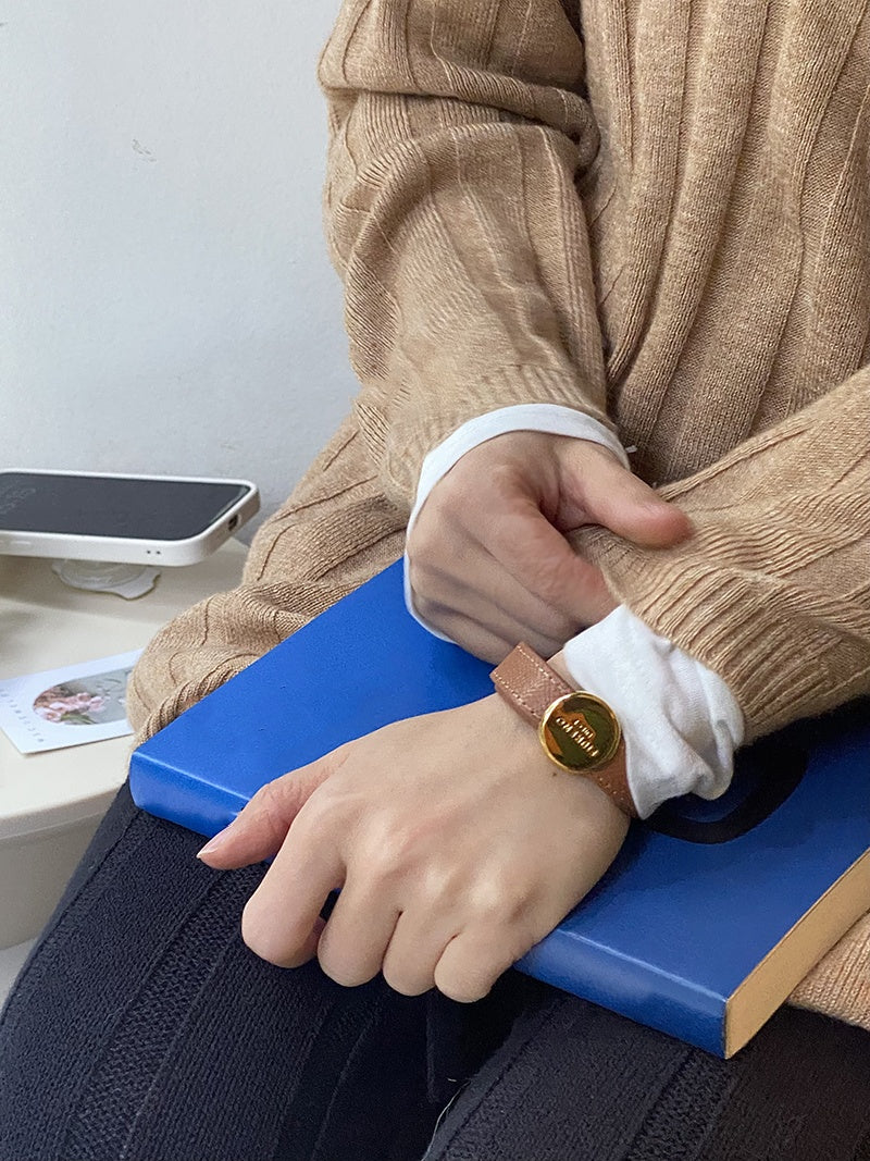 Genuine Leather Brass Cuff, Gold Coin Bracelet, Adjustable Size