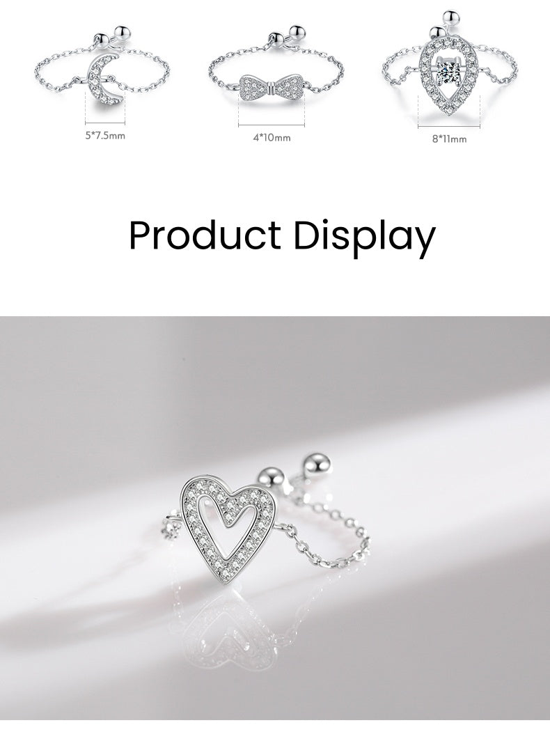 Sterling Silver Ring with Chain Design, Zirconia Inlay, Adjustable Size, Different Choice with Crystals for Women and Girls