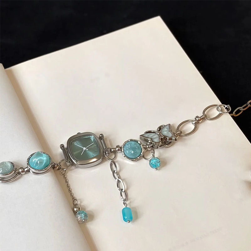 Cyber Punk Vintage Button Bead Blue Watch Choker, Butterfly Titanium Steel Chunky Chain Necklace,Y2KAccessories, Perfect Unique Handmade Gift