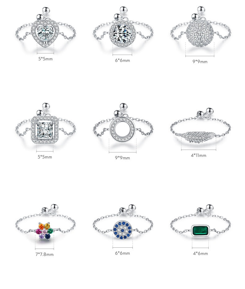 Sterling Silver Ring with Chain Design, Zirconia Inlay, Adjustable Size, Different Choice with Crystals for Women and Girls